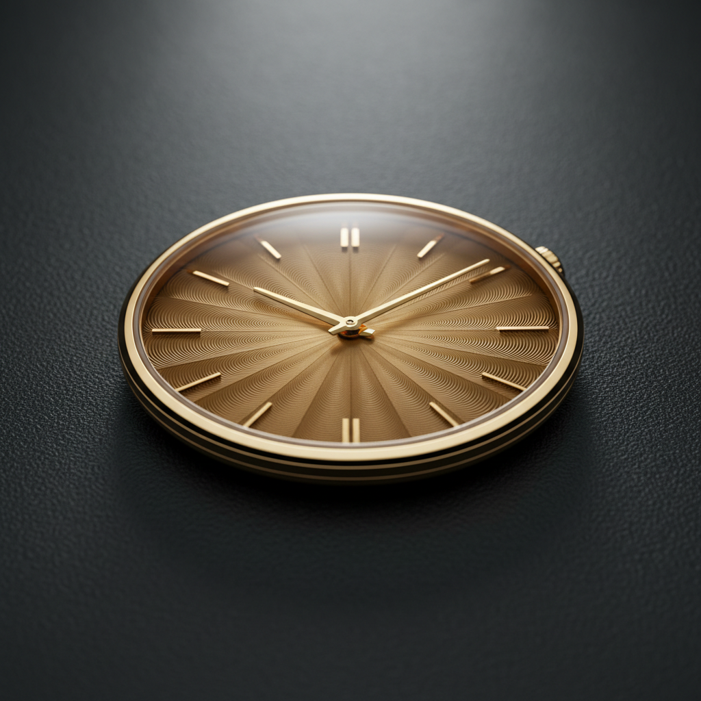 Close-up of guilloché dial pattern, geometric precision, gold sunburst, dark background