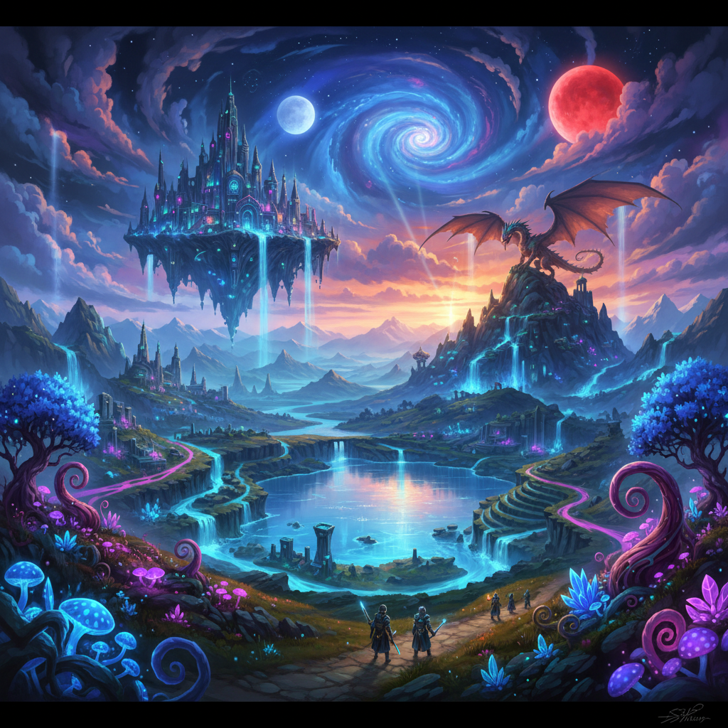 Fantasy MMORPG game environment with blue sky and angelic wings, magical atmosphere