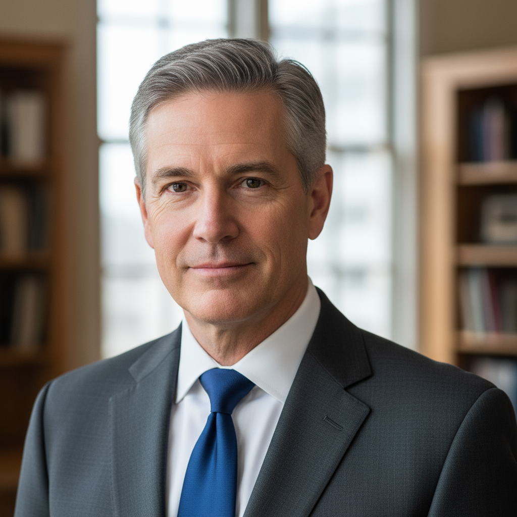 Professional headshot of man with dark hair and beard in gray blazer looking confident