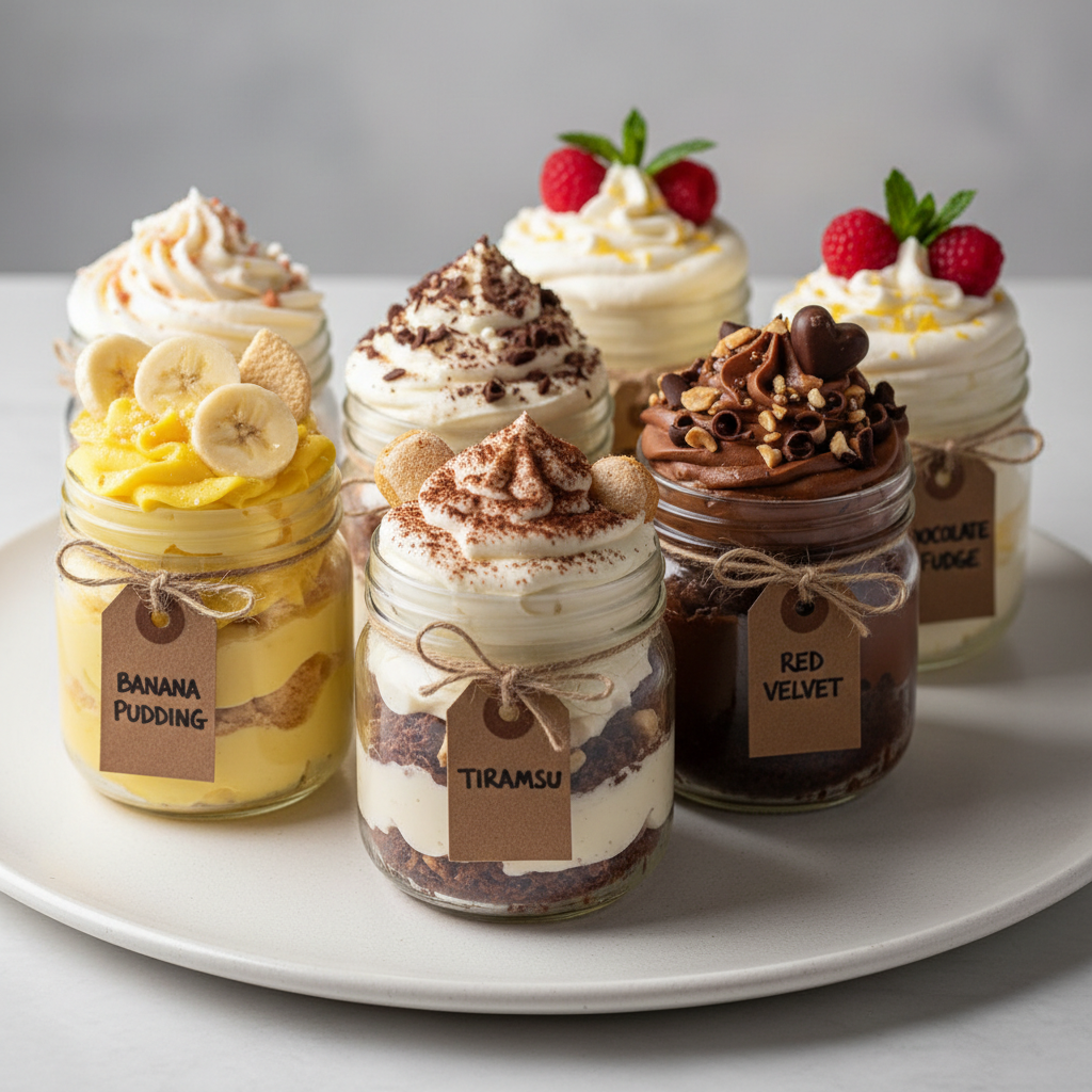 Beautifully decorated can cakes in various flavors including banana pudding and tiramisu