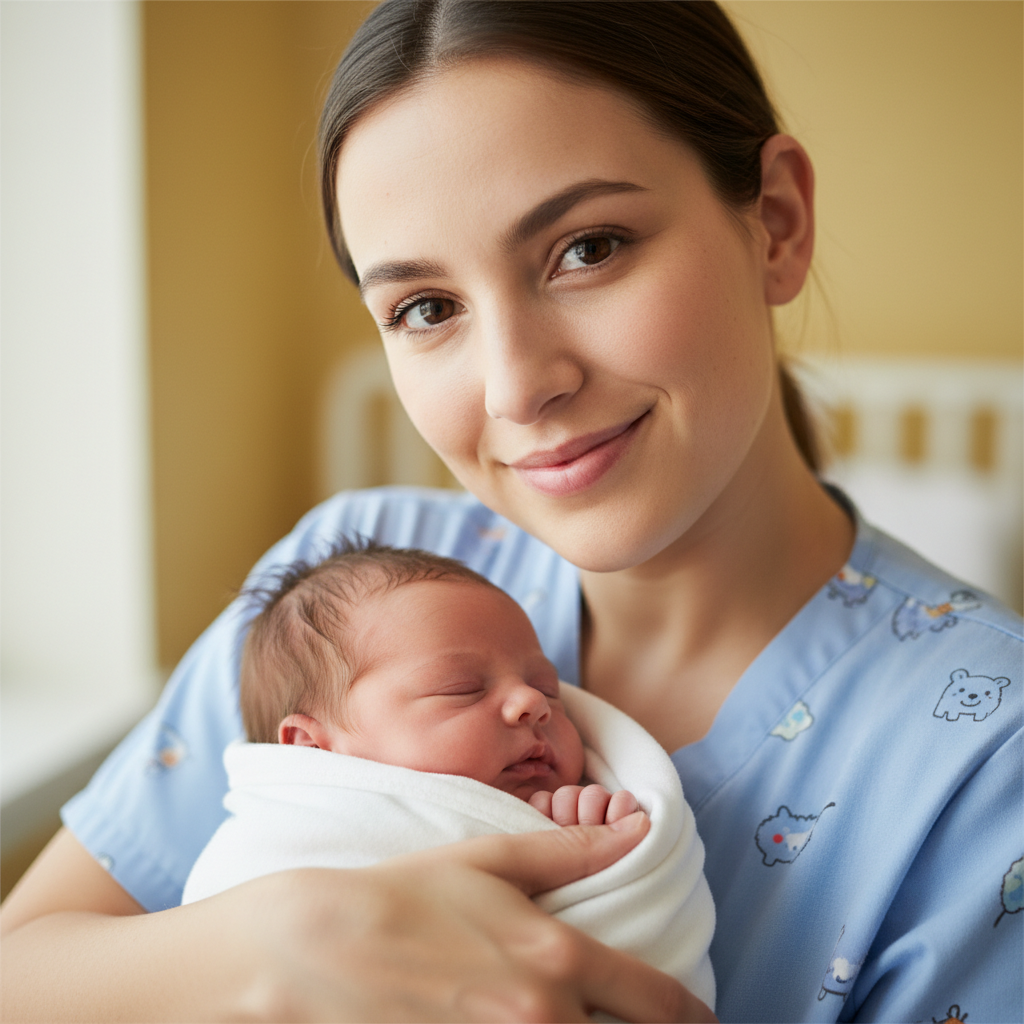 Pediatric nurse holding infant patient with gentle expression