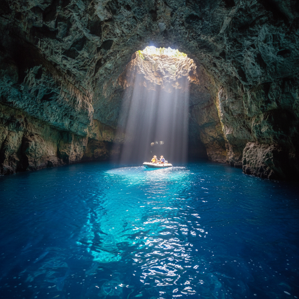 Blue Cave on Biševo Island with electric blue light Croatia