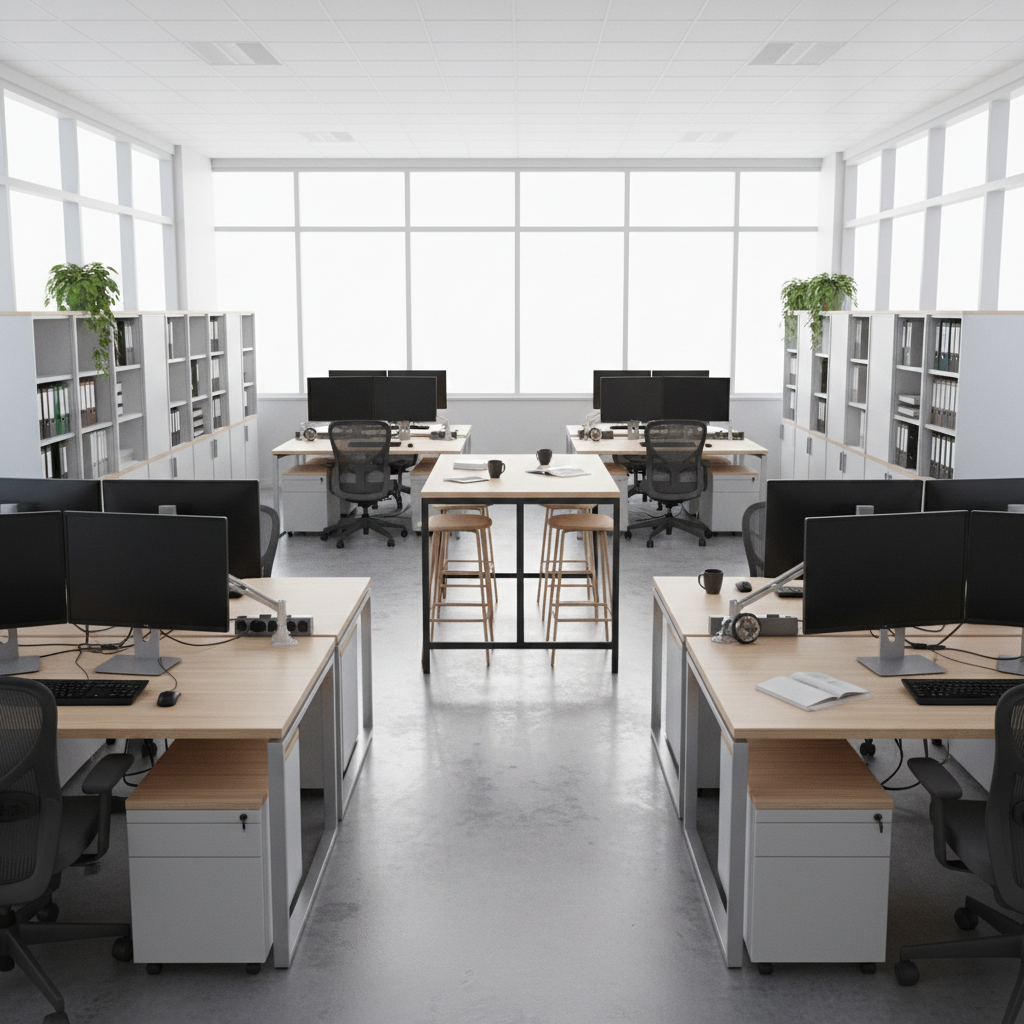 White oak office storage unit with doors and open shelves, modern corporate office