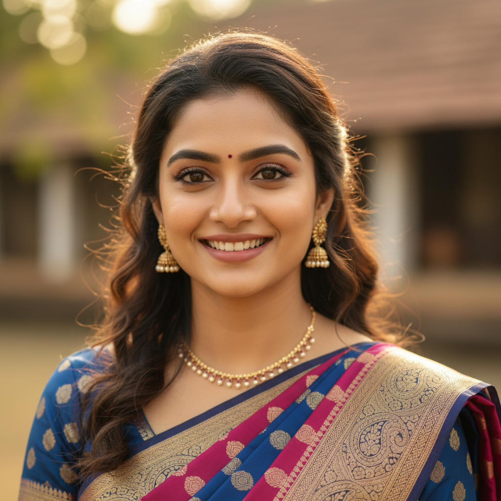 Indian woman smiling in bright natural light, cheerful expression, outdoor setting