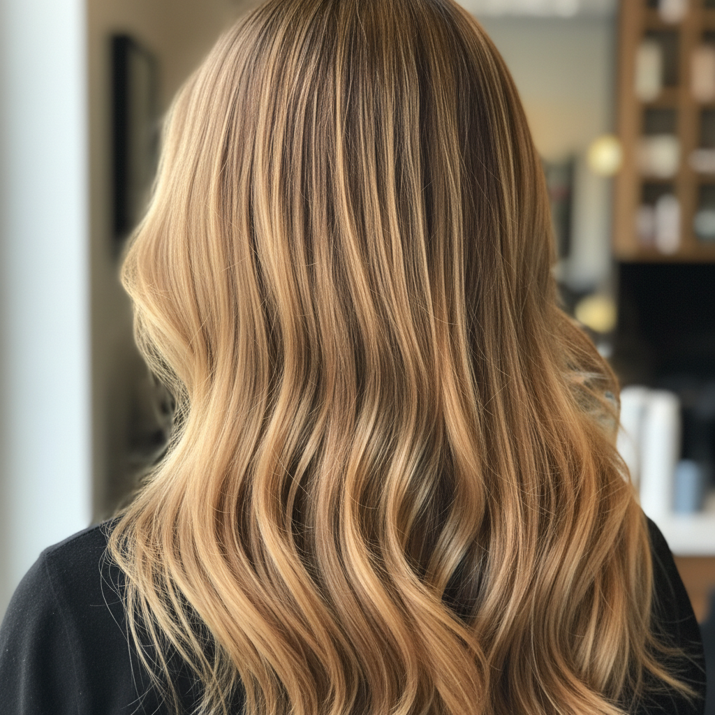 Beautiful balayage hair transformation with warm caramel tones and soft waves in bright salon lighting