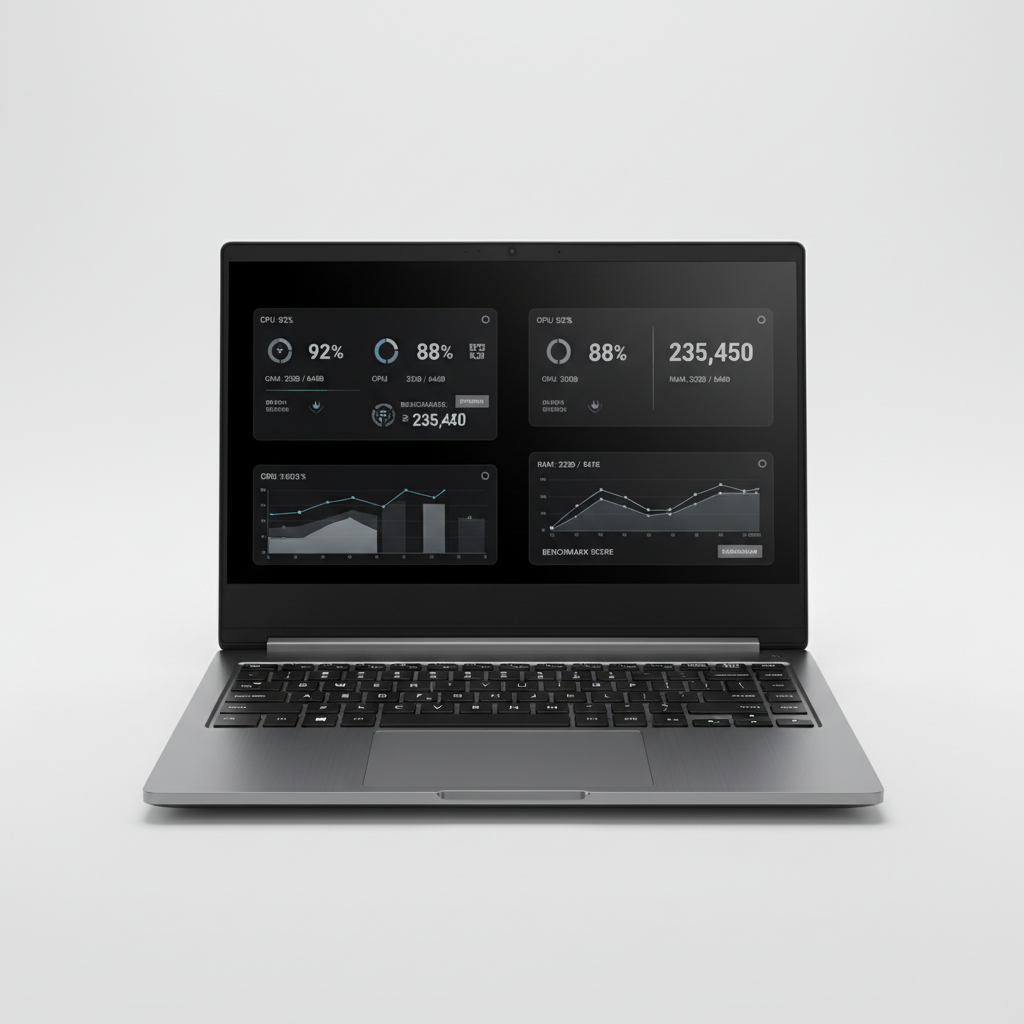 Windows laptop screen showing performance graphs on bright white desk with warm morning light