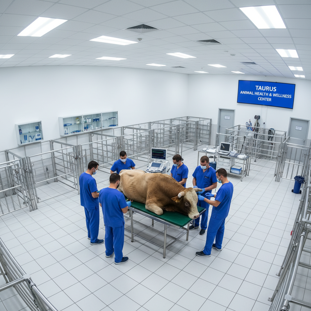 Veterinarian in scrubs gently examining a golden retriever on an exam table in a clean white clinic