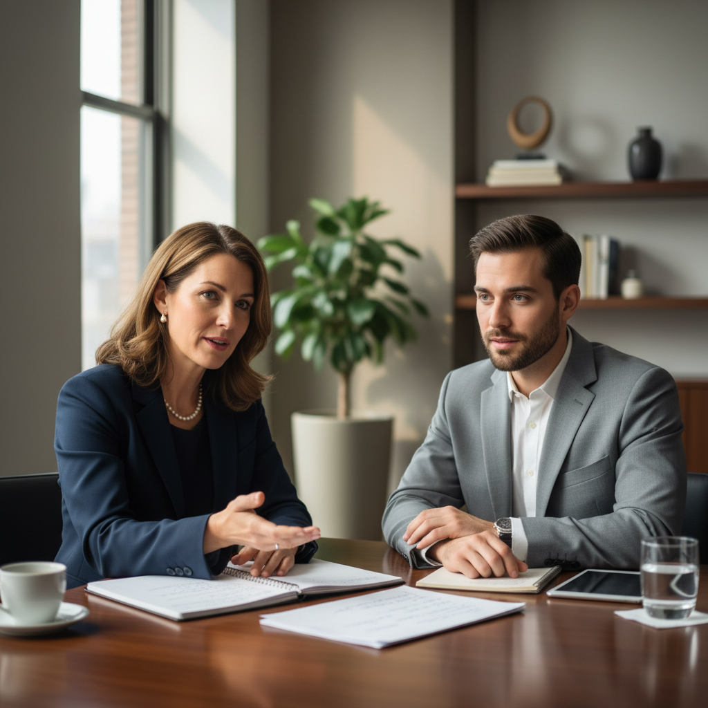 Executive advisor in a one-on-one meeting in a bright, well-lit professional office with natural light
