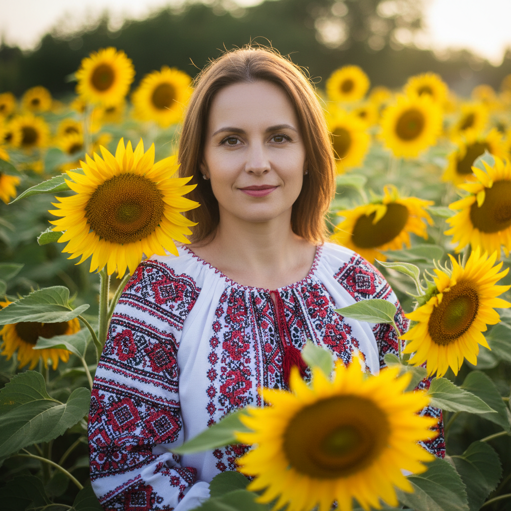 Old family photograph of Ukrainian woman in embroidered blouse standing in a garden with sunflowers