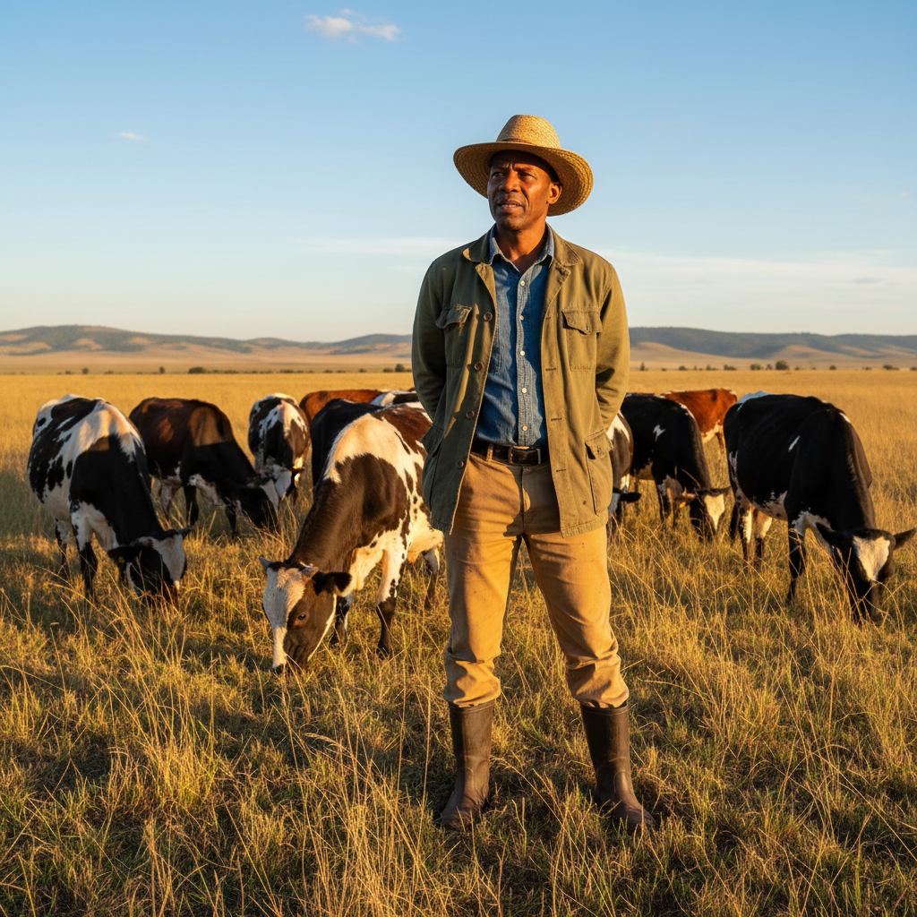 East African veterinarian in white coat examining livestock at rural Rwanda farm