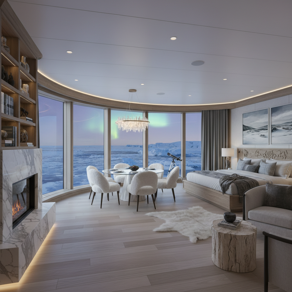 Ultra-luxury Arctic owner suite with wrap-around panoramic windows, private dining area, and bespoke polar decor