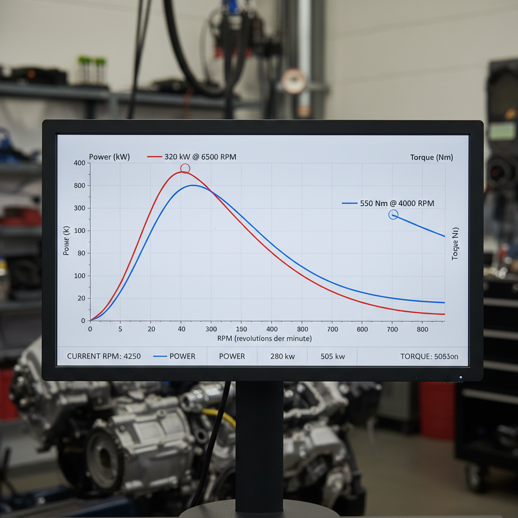 Car on hub dyno with power curve graph visible on monitor