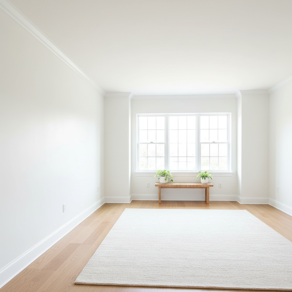 Freshly painted white interior walls with clean trim and bright natural light flooding room