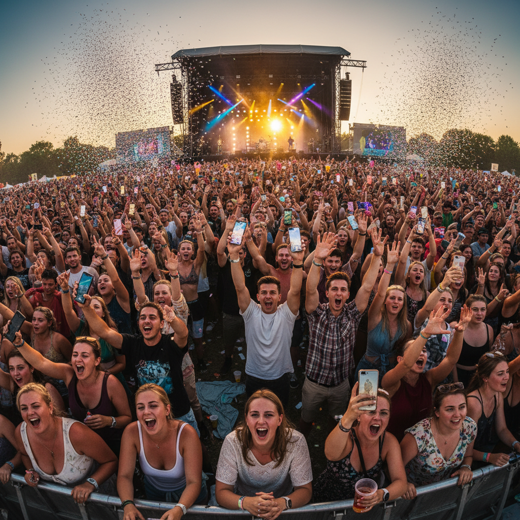 Live audience reaction at summer music festival, crowd with phones up during surprise drop