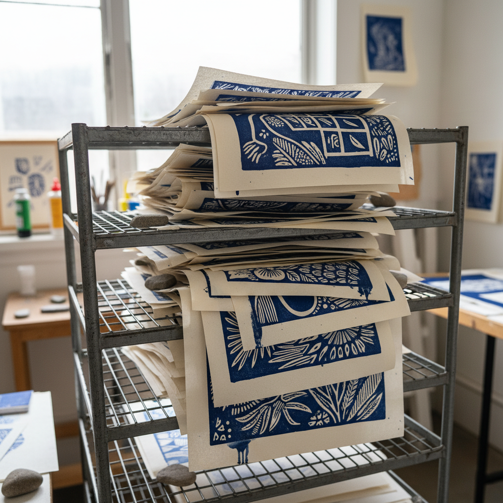 Stack of freshly pulled linocut prints drying on a wire rack, deep indigo ink on cream cotton rag paper