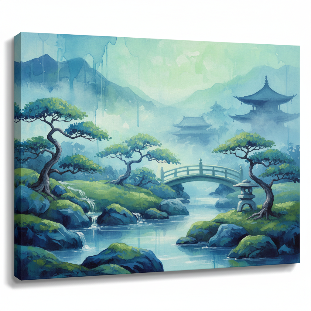 Blurred Japanese garden with muted green and lavender tones, misty and contemplative, soft light