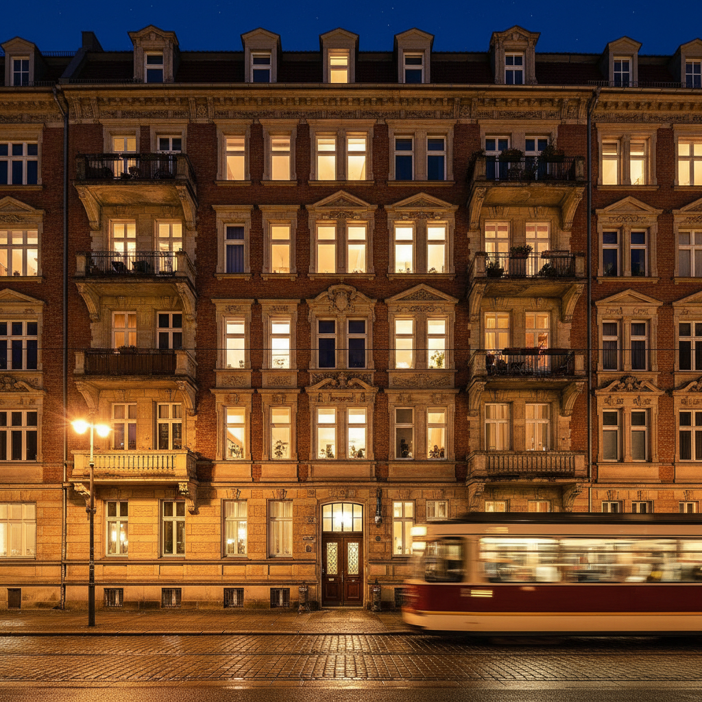 Berlin Altbau apartment building facade at night with illuminated windows