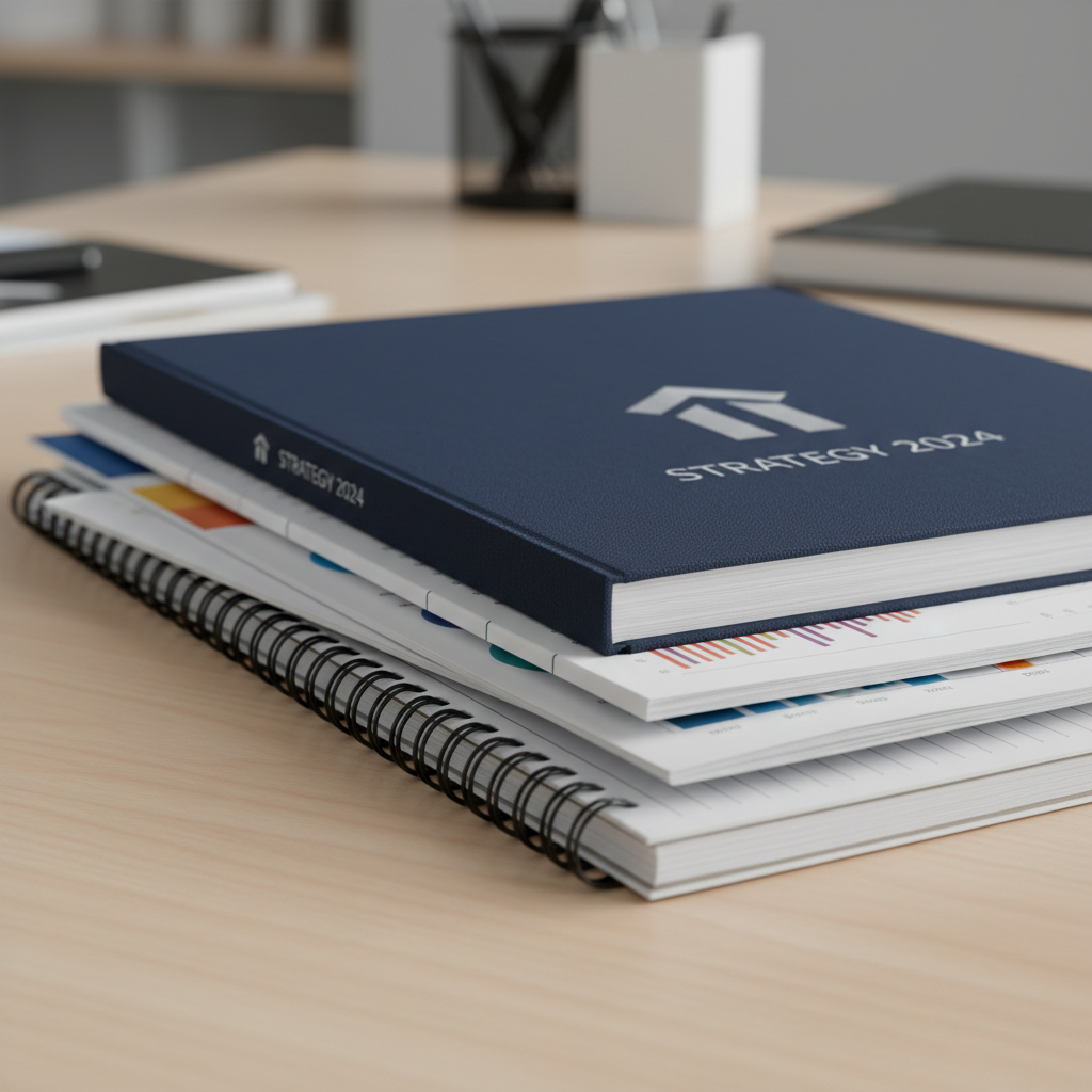 High-quality offset printed corporate annual report booklets stacked on a desk with sharp typography and premium paper finish