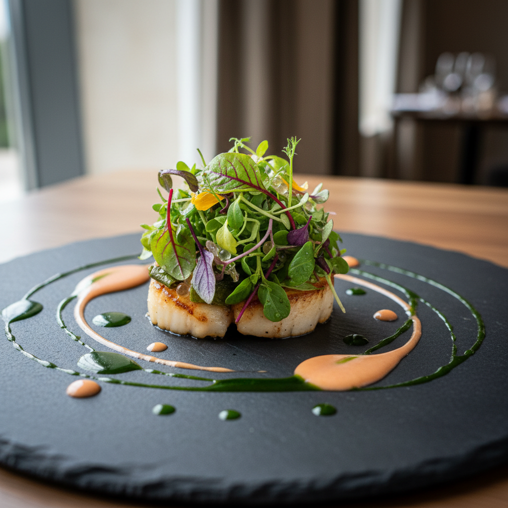 Beautifully plated fine dining dish with microgreens and sauce artistry on dark slate
