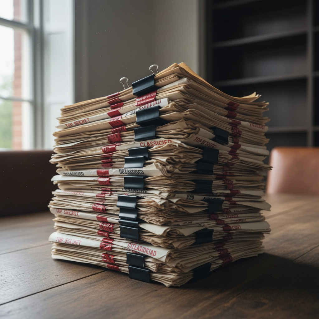 Stack of declassified government documents with redacted text and classified stamps on a wooden desk