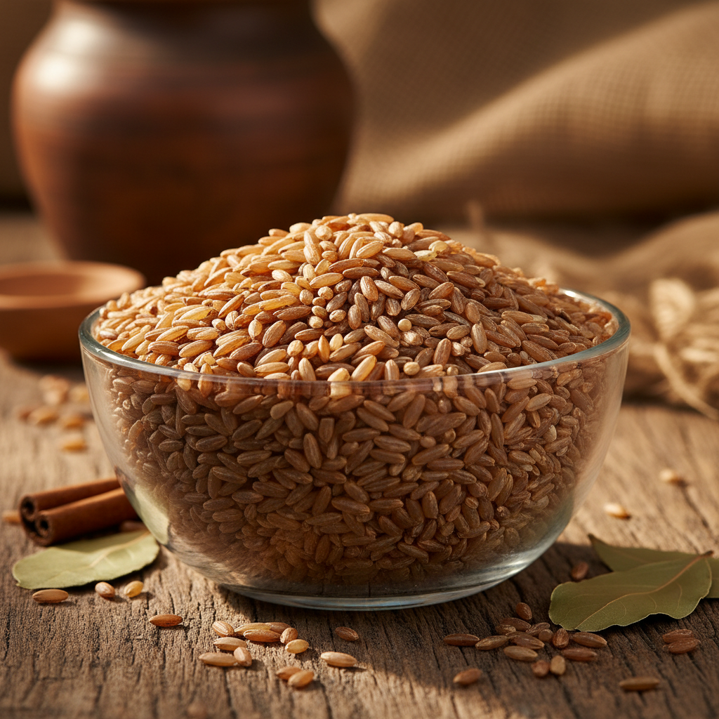 Organic brown rice grains in bowl
