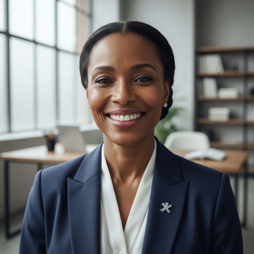 Professional Liberian woman in business attire, warm confident smile, bright neutral background