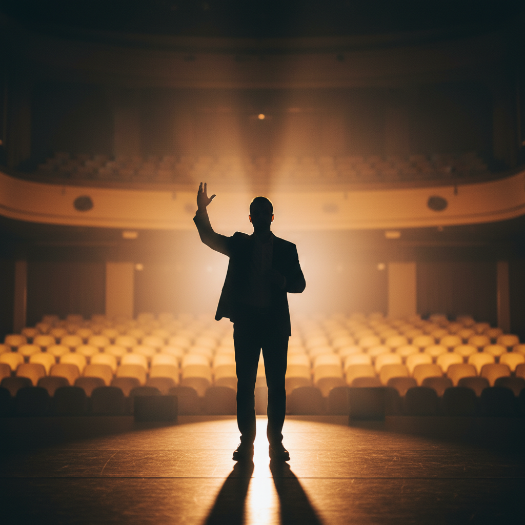 A confident speaker silhouetted against warm stage lighting, photographed from the audience at a slight upward angle, one hand mid-gesture