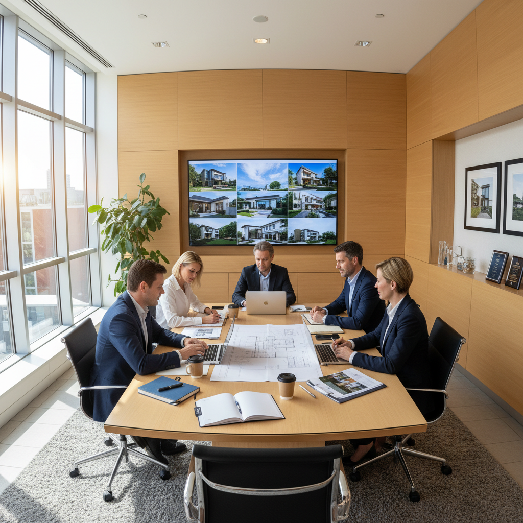 Luxury real estate consultation meeting, dark boardroom, warm accent lighting, professional atmosphere