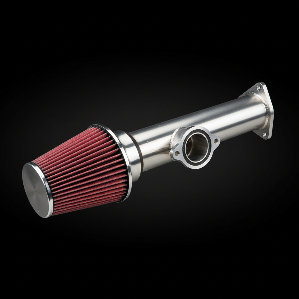 High-flow cold air intake system with conical filter on black seamless background