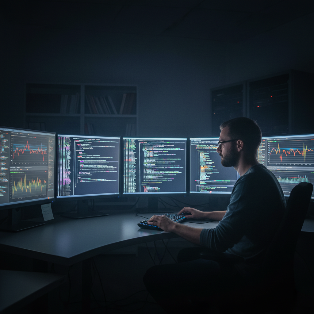 Developer monitoring website uptime and performance dashboards on bright screen