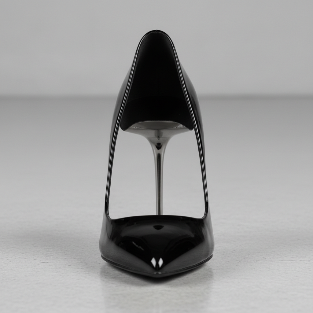 Elegant black velvet stiletto heel on soft grey studio background