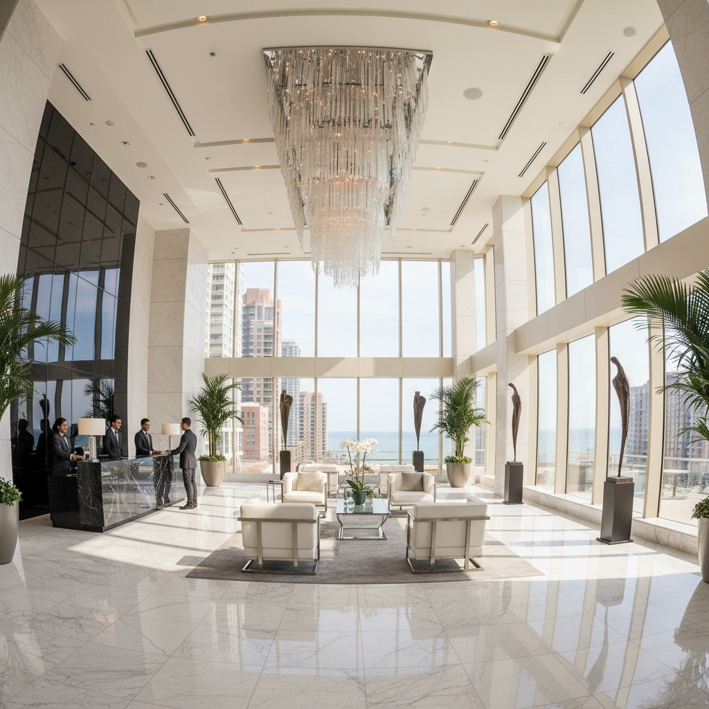 Gold Coast Chicago high-rise building lobby with marble floors