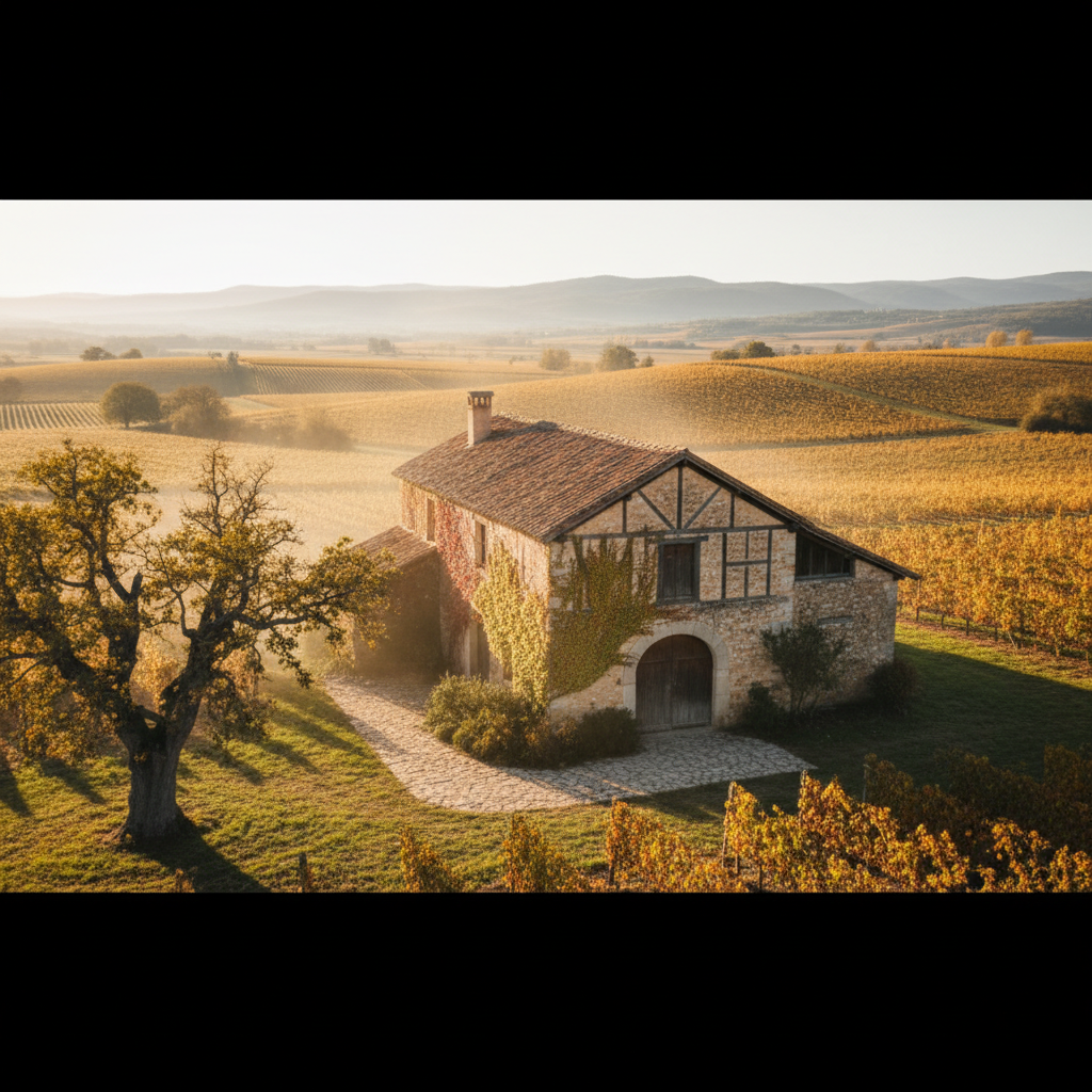 Heritage farmhouse surrounded by vineyards in golden afternoon light