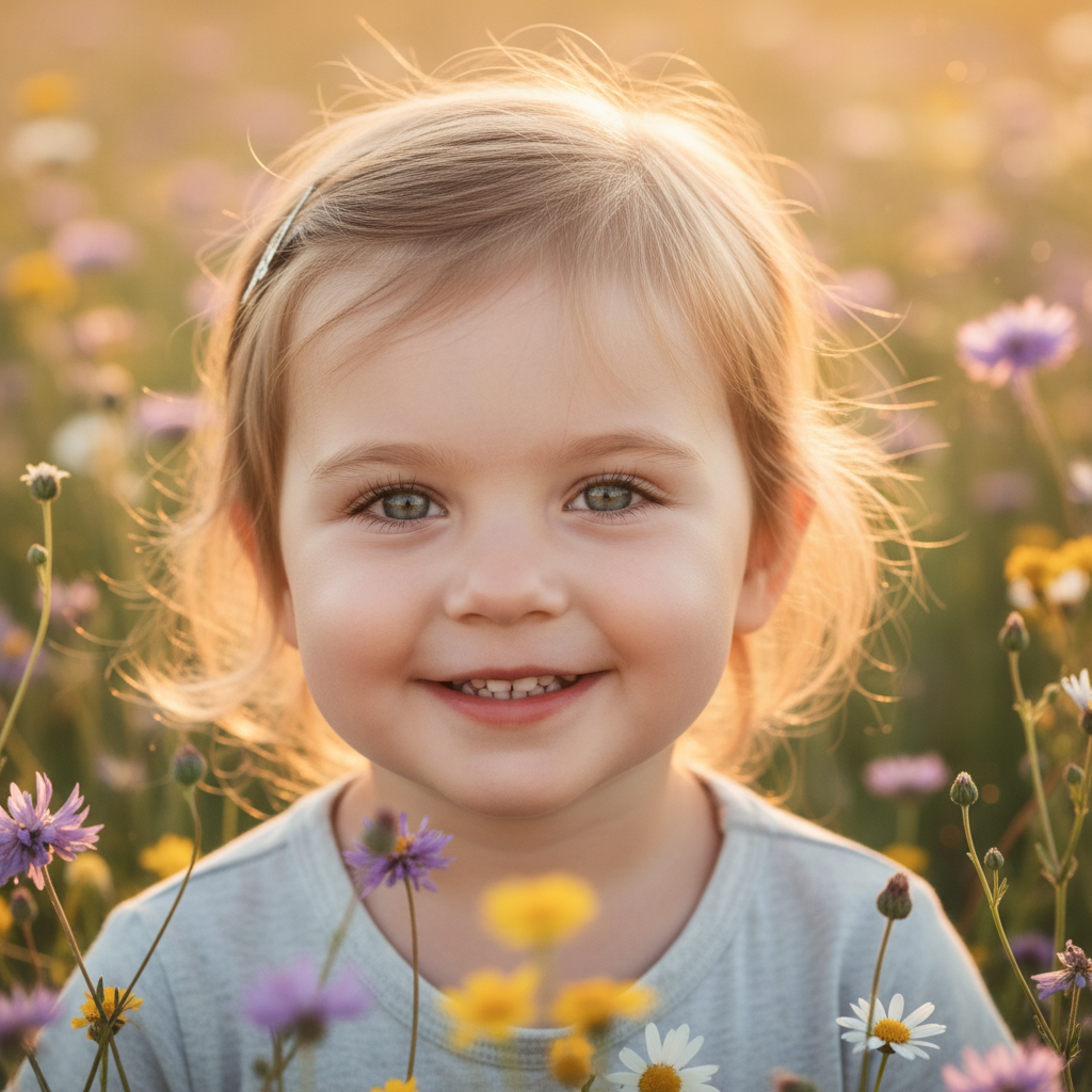 Golden hour portrait of a child in a wildflower meadow, warm tones