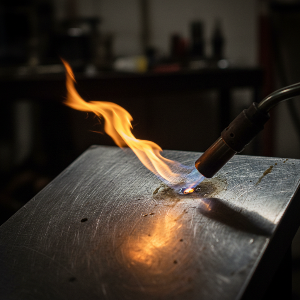 Torch flame kissing silver metal in a dark garage workshop