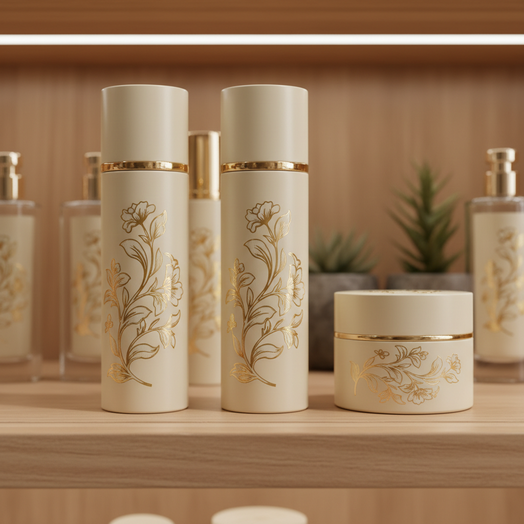 Luxury cosmetic products in premium flexible packaging with metallic and matte finish options