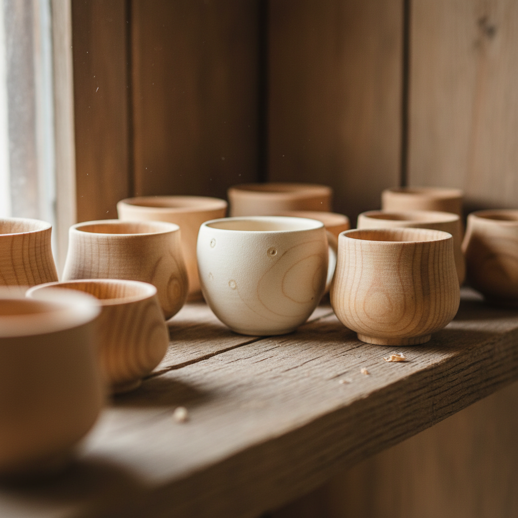 Small handcrafted wooden storage containers and boxes arranged on a shelf