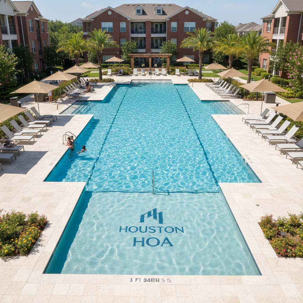 Large community pool at a Houston HOA complex with clear water and pristine surroundings