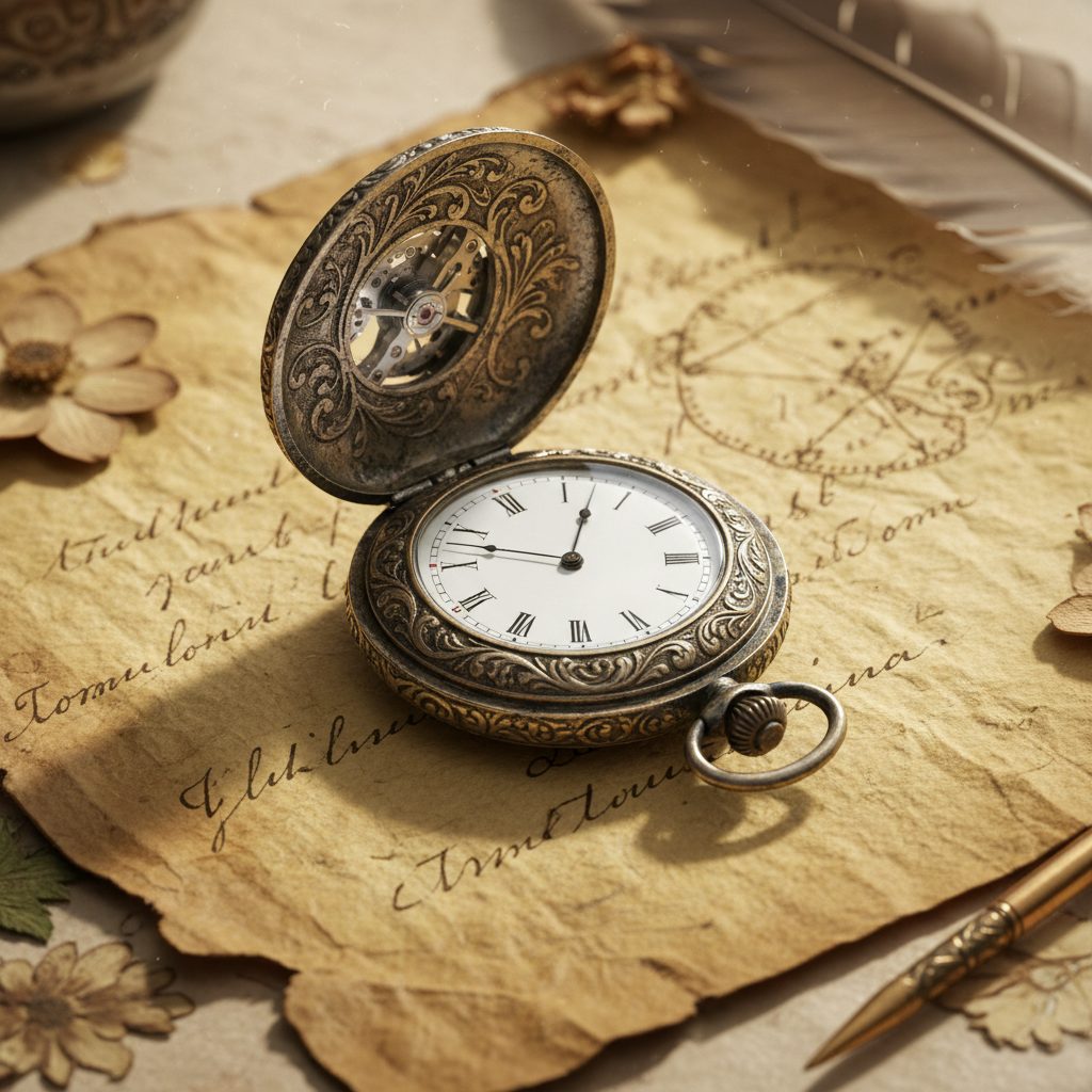 Antique pocket watch lying open on aged paper with handwritten notes around it