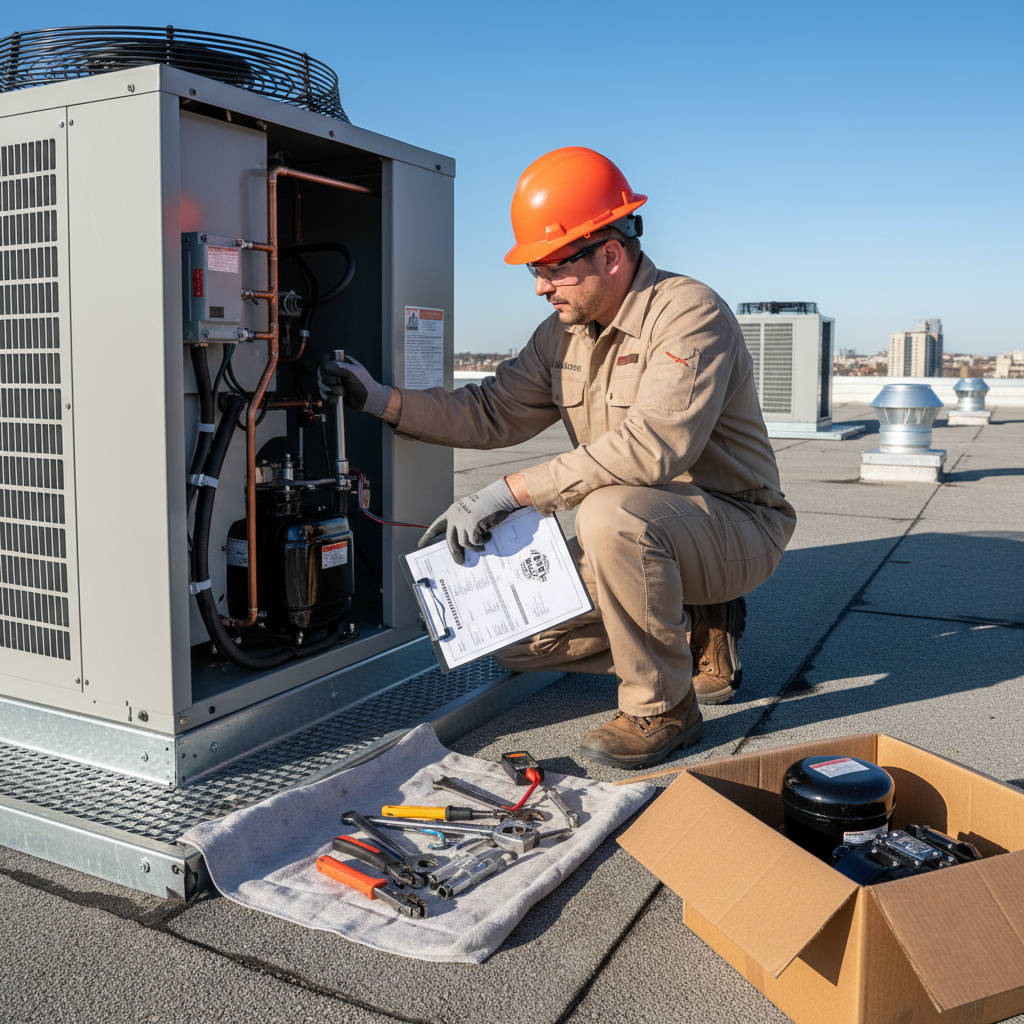 HVAC technician completing commercial rooftop unit compressor installation with certification documentation