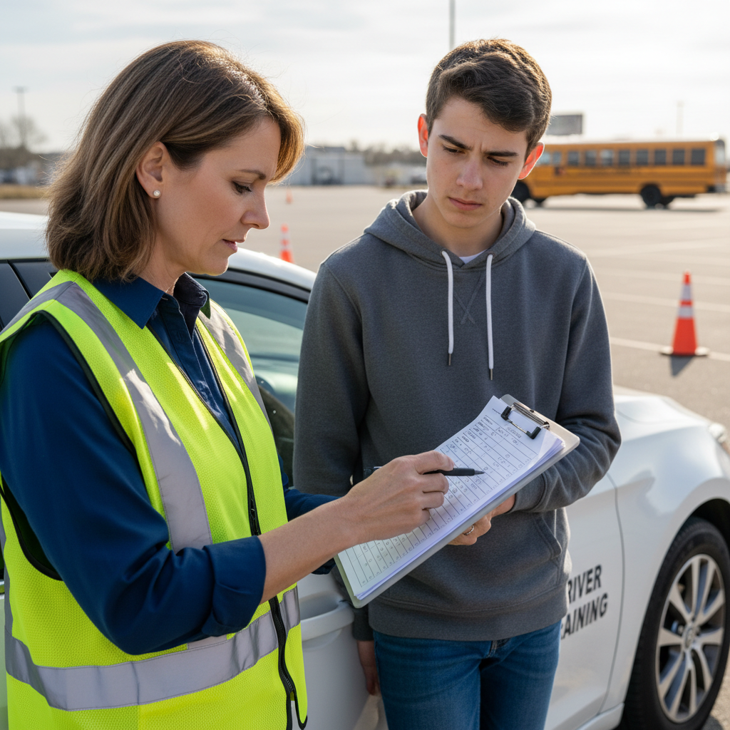 Instructor with clipboard reviewing driving performance with teen student after a mock test
