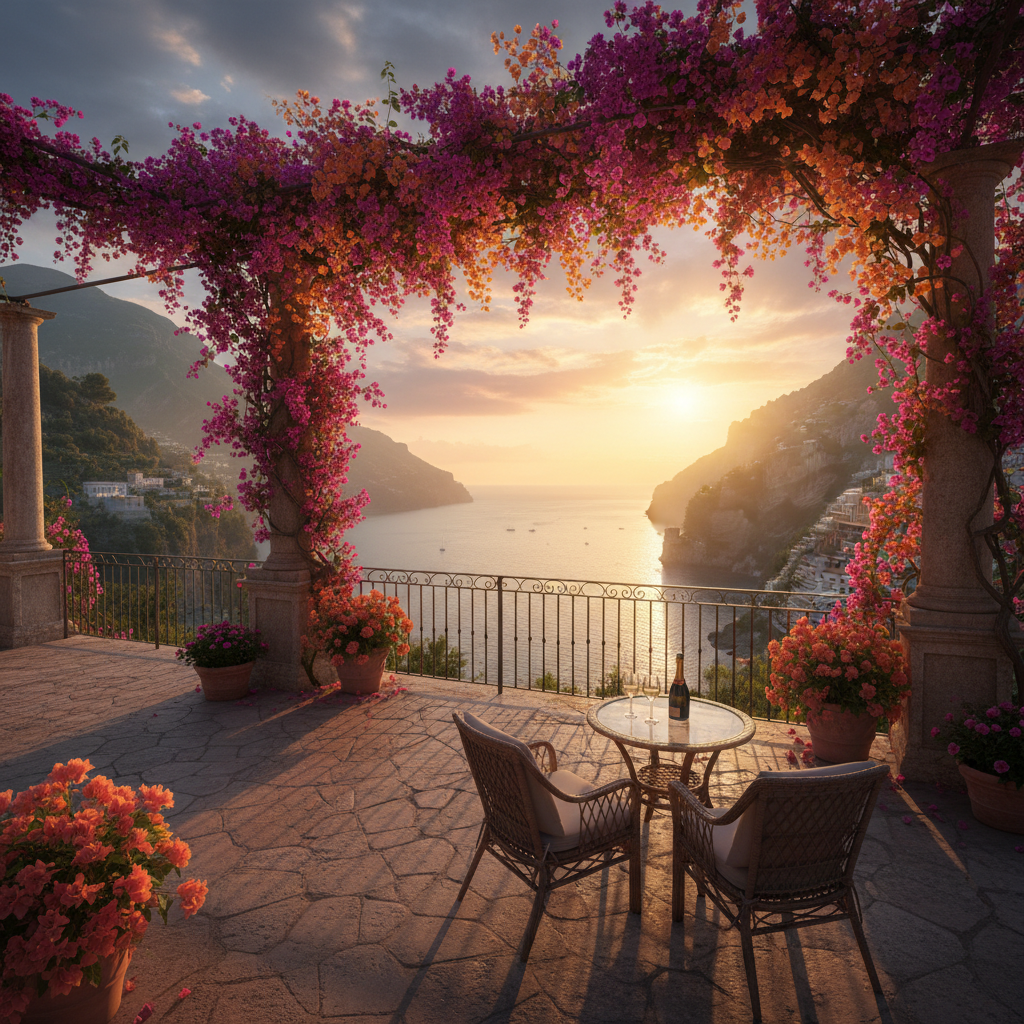 Ravello cliffside restaurant terrace with panoramic Amalfi Coast view