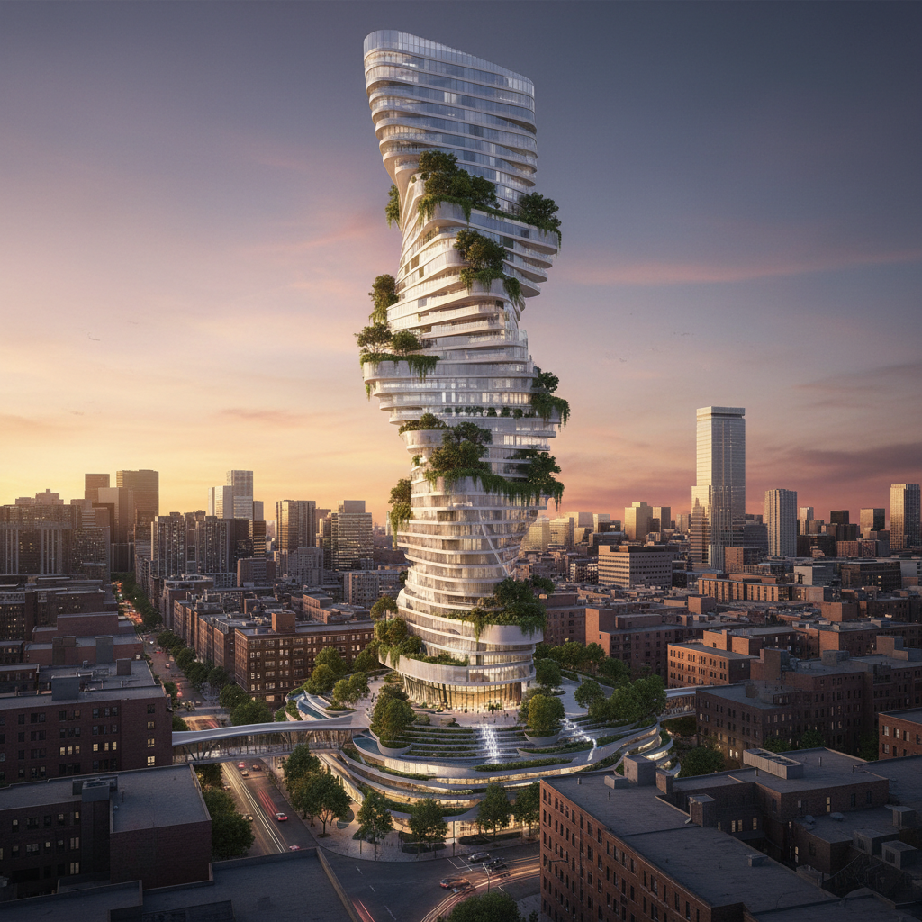 Speculative unbuilt residential tower concept with organic curved facade rising from urban landscape