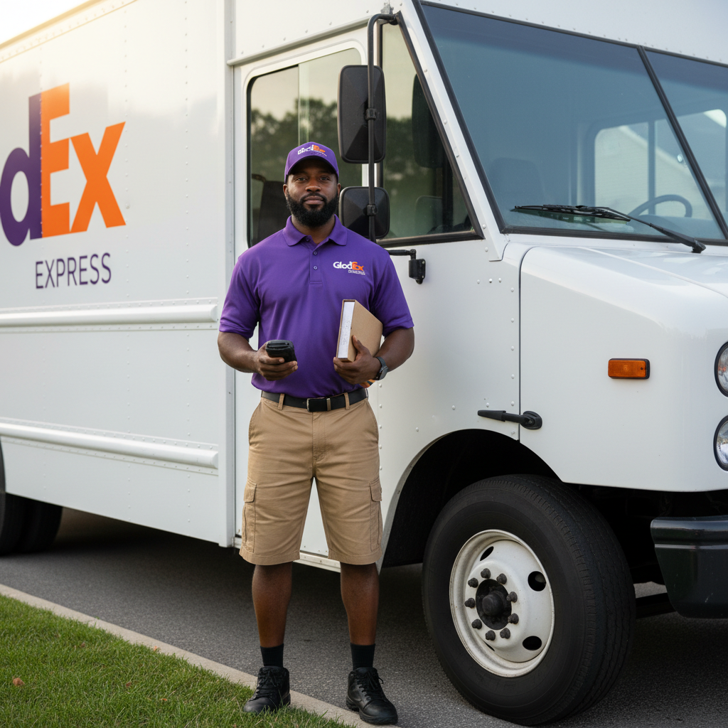 African American male delivery driver in a FedEx-style uniform standing beside a large delivery truck, direct gaze