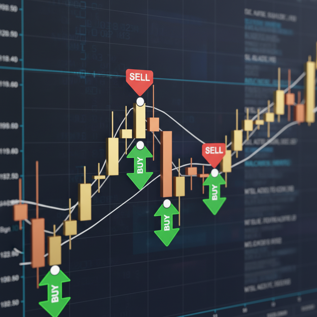 Gold candlestick chart analysis on dark screen, professional trading setup, atmospheric dim lighting