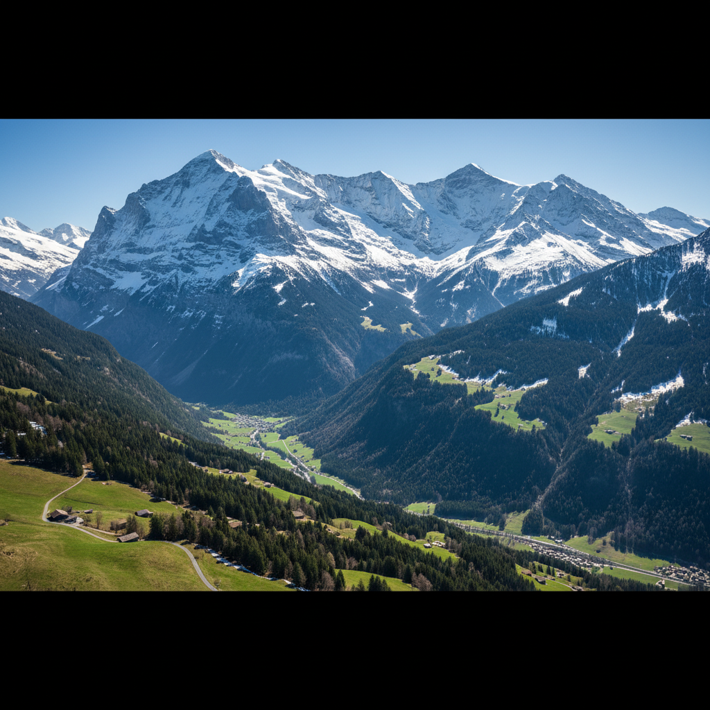 Swiss Alps mountain landscape with snow-capped peaks and alpine village