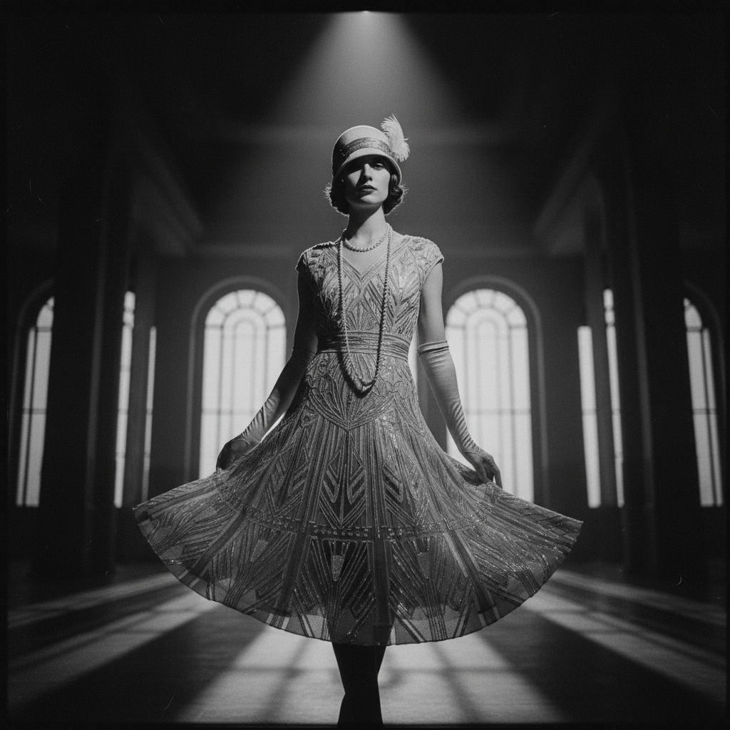 1920s fashion aesthetic, flapper-era silhouette, black and white editorial, art deco geometric patterns, dramatic shadows