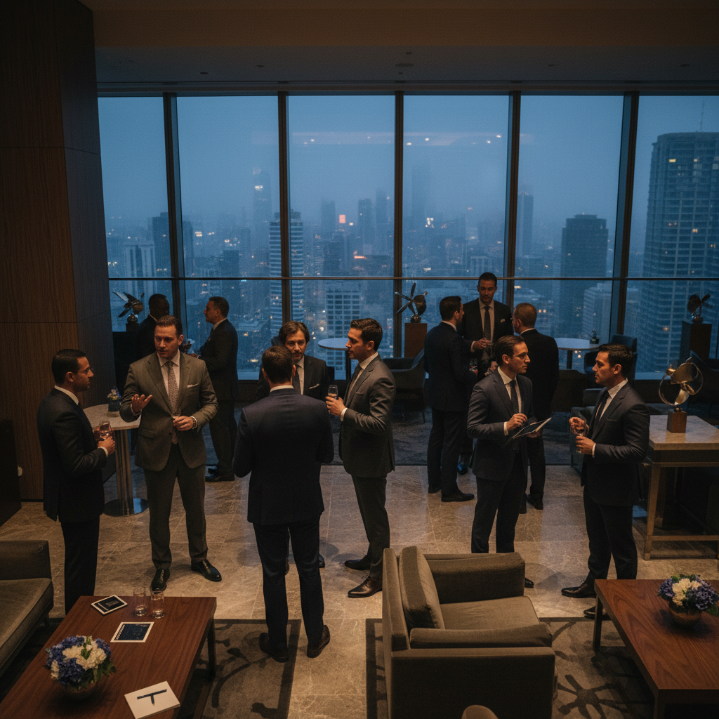 Premium social event venue at night, dramatic uplighting, stylish crowd, atmospheric setting