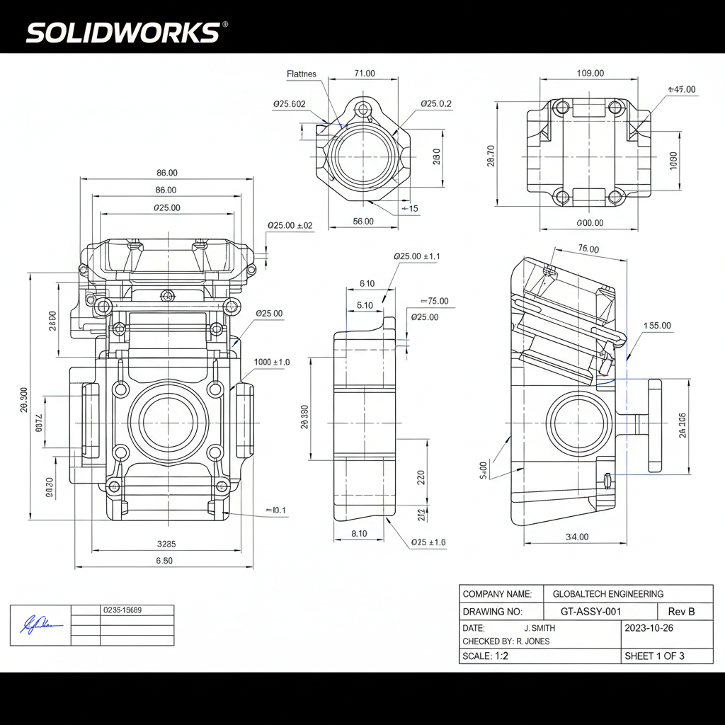 Technical CAD engineering drawing of a mechanical component showing precise measurements and specifications