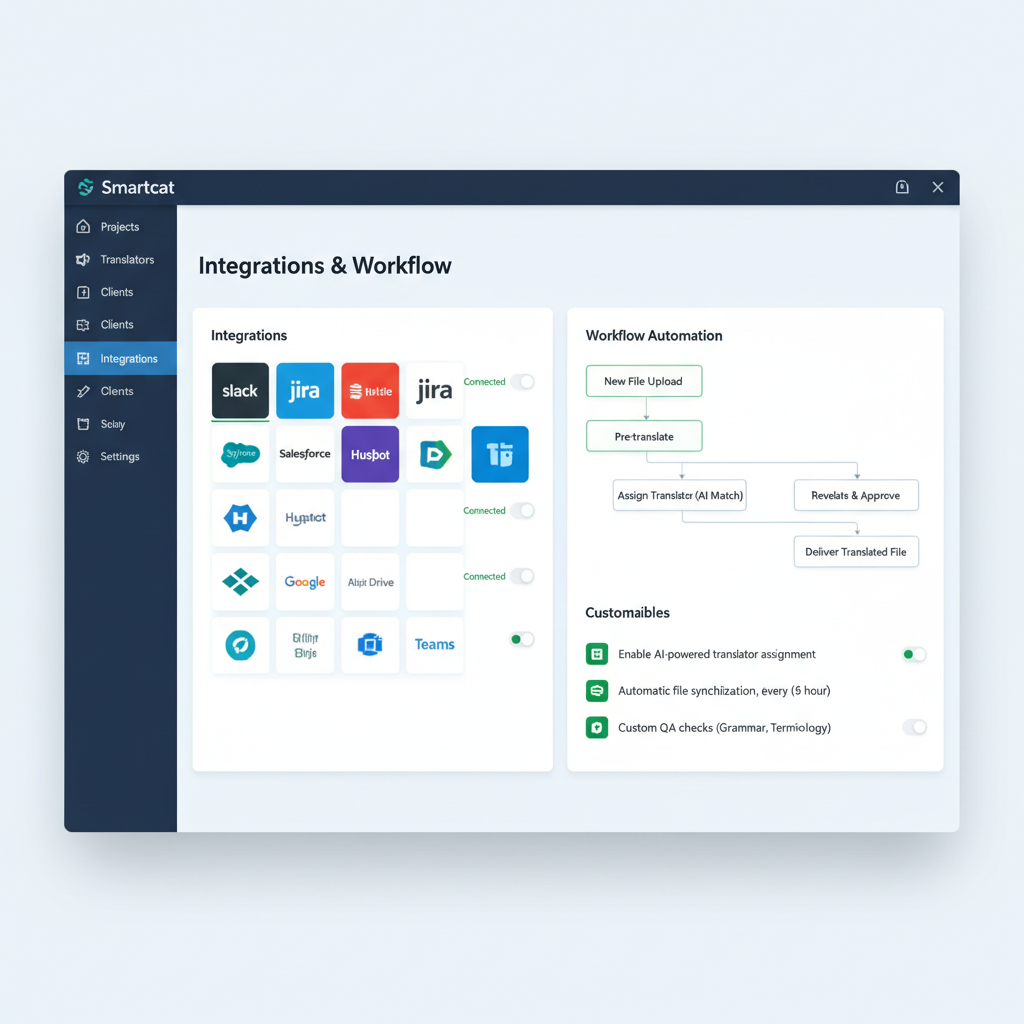 Smartcat translation management platform interface showing integrations and workflow settings